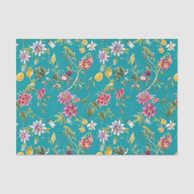 Aquamarine tropische Blume, Obst und Vögel Seidenpapier (Vorderseite)