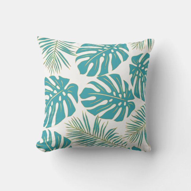 Aquamarine tropische Monstera-Blätter Kissen (Vorderseite)