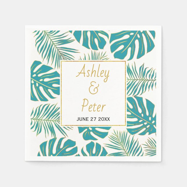 Aquamarine tropische Monstera, Palmen Blätter Mode Serviette (Vorderseite)