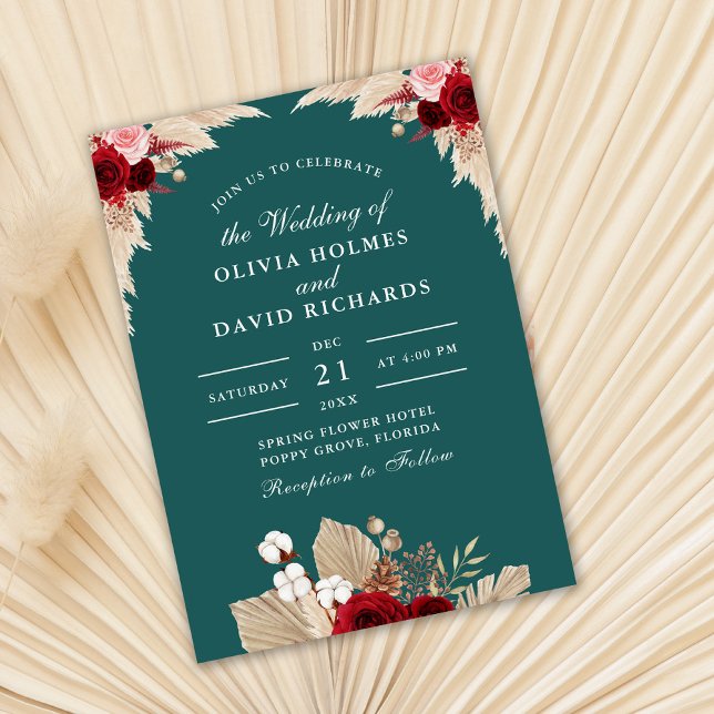 Aquamarine tropische Rose zum Hochzeitsfest Einladung (Teal and burgundy wedding invitation on dry palm leaf.)