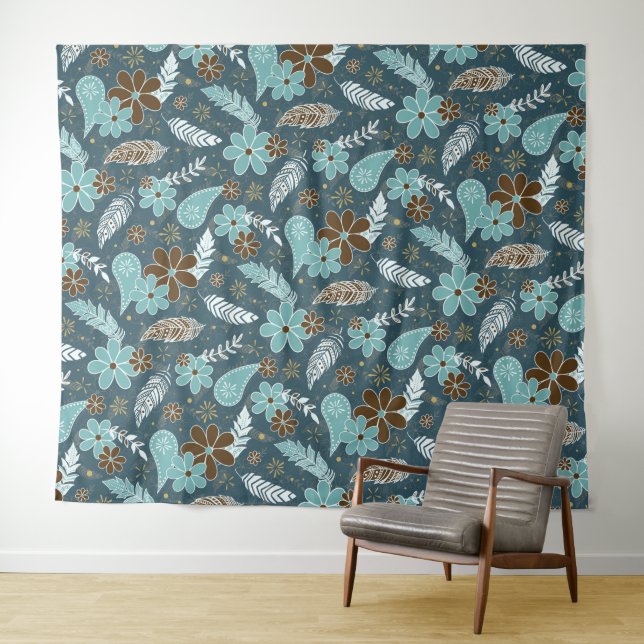 aquamarine türkisfarbene Federn doodlen Blume boho Wandteppich (Beispiel (Horizontal))