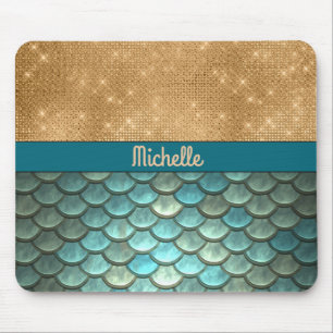 Aquamarine türkisfarbene Meerjungenskala   Gold Gl Mousepad