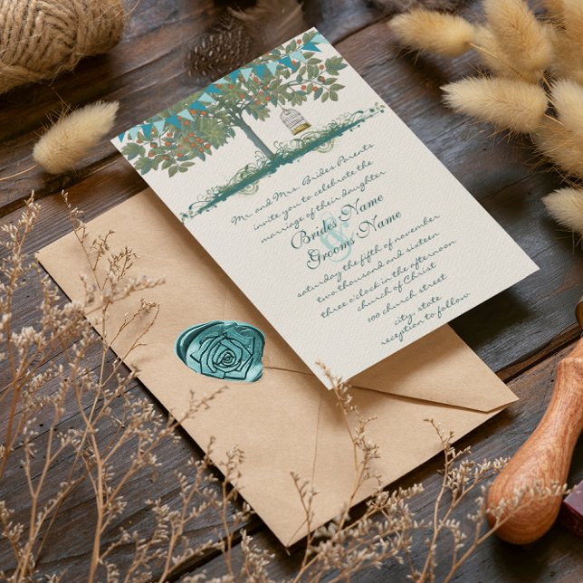 Aquamarine und Aqua Bunting Tree Birdcage Einladung (Von Creator hochgeladen)