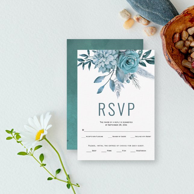 Aquamarine und aquablaue Blumen und Blätter Hochze RSVP Karte (Von Creator hochgeladen)