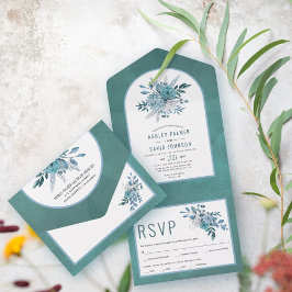 Aquamarine und aquablaue Blumen und Bogenhochzeit All In One Einladung