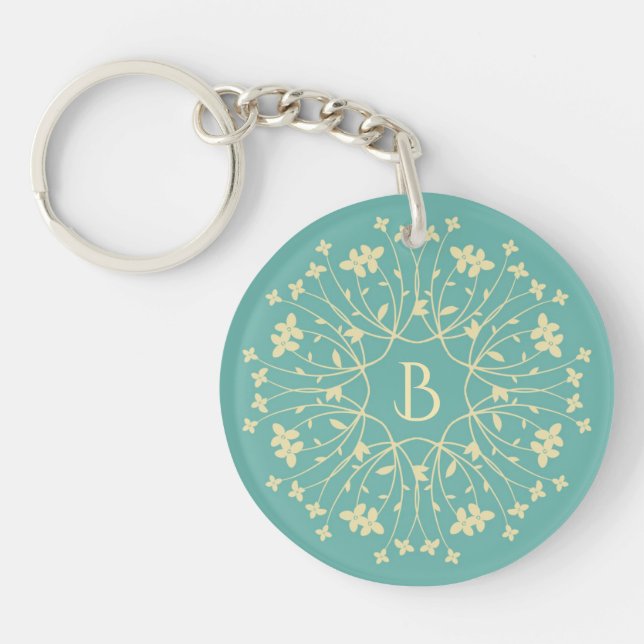 Aquamarine und beige Blume Wreath Monogramm Schlüsselanhänger (Vorderseite)