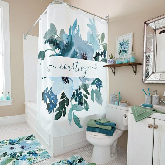 Aquamarine und blaue Aquarellblumen personalisiert Duschvorhang (Von Creator hochgeladen)