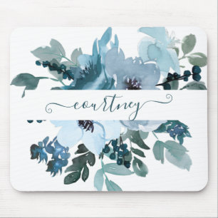 Aquamarine und blaue Aquarellblumen personalisiert Mousepad