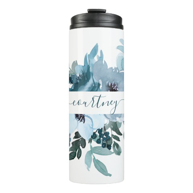 Aquamarine und blaue Aquarellblumen personalisiert Thermosbecher (Vorderseite)