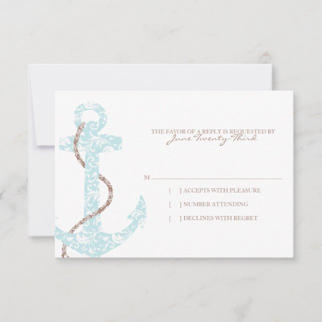 Aquamarine und braune Anchor Beach Hochzeit uAwg RSVP Karte (Vorderseite)