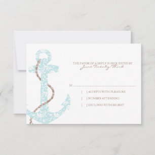 Aquamarine und braune Anchor Beach Hochzeit uAwg RSVP Karte