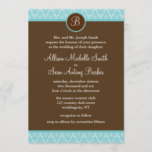 Aquamarine und braune Damast-Muster Hochzeitseinla Einladung