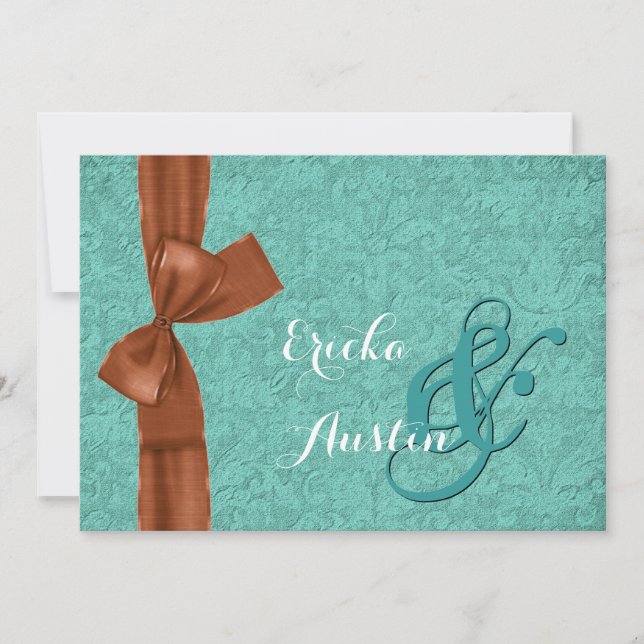 Aquamarine und Cinammon Damask Bow Wedding Templat Einladung (Vorderseite)