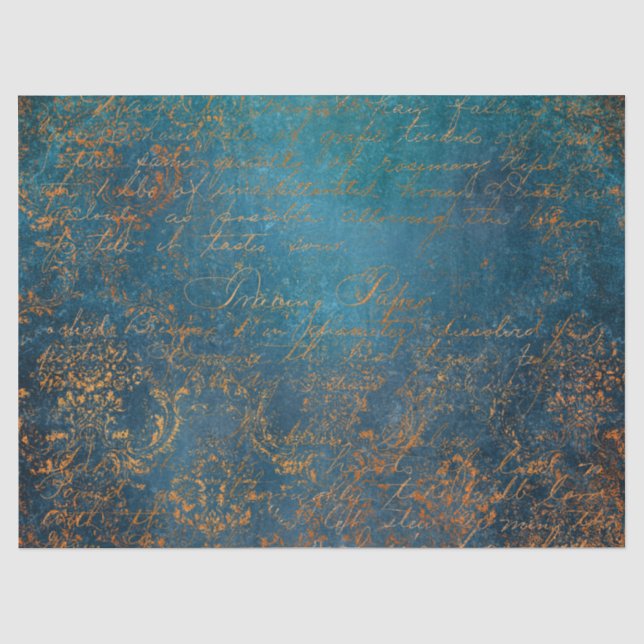 Aquamarine und Copper Patina Calligraphy Seidenpapier (Vorderseite)
