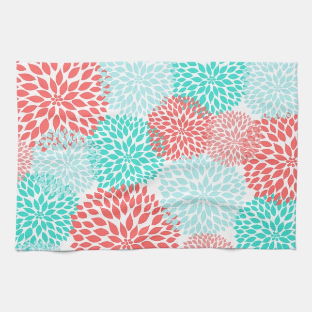 Aquamarine und Coral Floral Kitchen Handtuch (Horizontal)