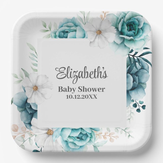 Aquamarine und cremefarbene Babydusche Pappteller (Vorderseite)