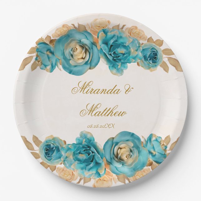 Aquamarine und cremefarbene Florals Wedding P Pappteller (Vorderseite)