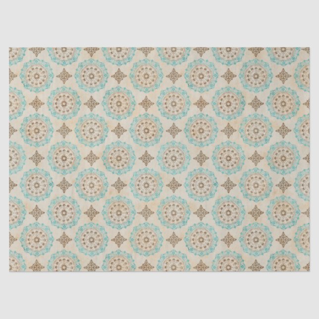 Aquamarine und cremefarbene Kreise auf Tan-Decoupa Seidenpapier (Vorderseite)