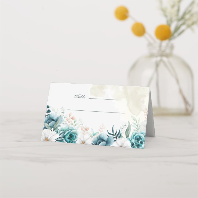 Aquamarine und cremefarbene Wildblumen Hochzeit Pl Platzkarte (Vorderseite)