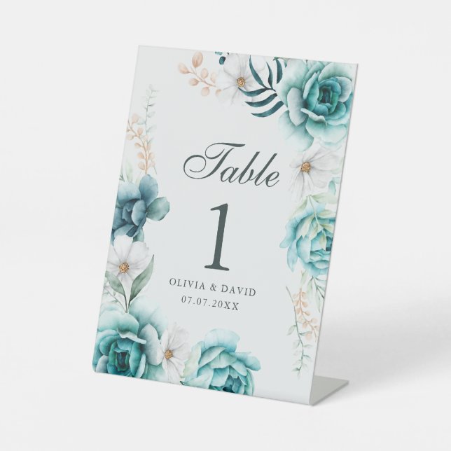 Aquamarine und cremefarbene Wildblumen Hochzeit Ti Sockelschild (Vorderseite)
