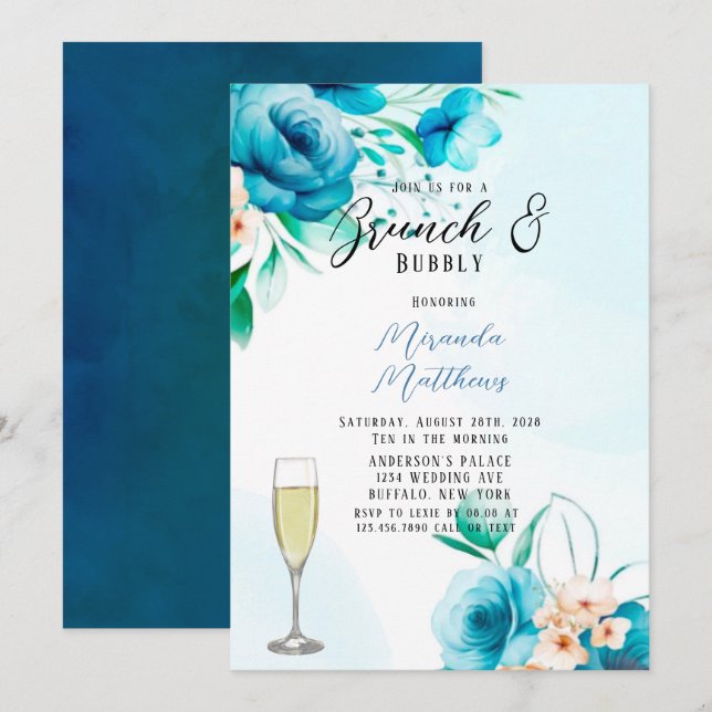 Aquamarine und farbige Blütenbrunch & Bubbly Einladung (Vorne/Hinten)