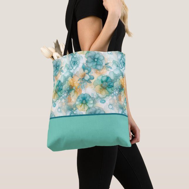 Aquamarine und gelbe Blumen Alkoholfarbblock Tasche (Von Nahem)
