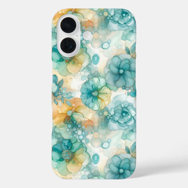 Aquamarine und gelbe Blumen - Illustration des Alk iPhone 16 Hülle (Rückseite)