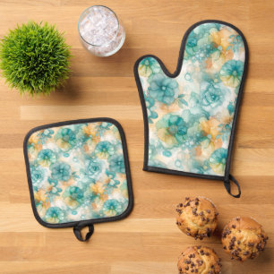 Aquamarine und gelbe Blumen - Illustration des Alk Ofenhandschuh & Topflappen-Set