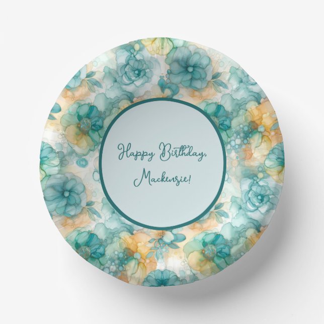 Aquamarine und gelbe Blumen - Illustration des Alk Pappteller (Vorderseite)
