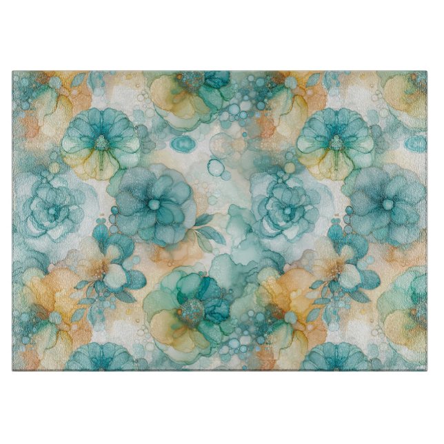 Aquamarine und gelbe Blumen - Illustration des Alk Schneidebrett (Vorderseite)