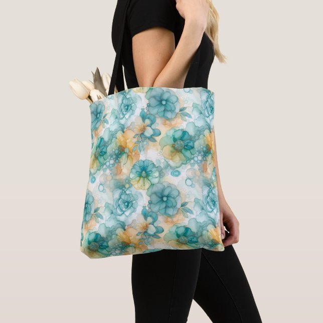 Aquamarine und gelbe Blumen - Illustration des Alk Tasche (Von Nahem)