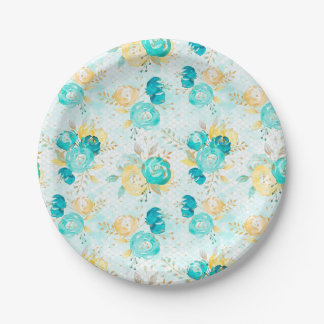 Aquamarine und gelbe Rosenpapierplatte Pappteller