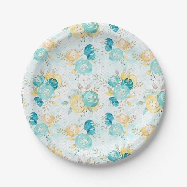 Aquamarine und gelbe Rosenpapierplatte Pappteller (Vorderseite)