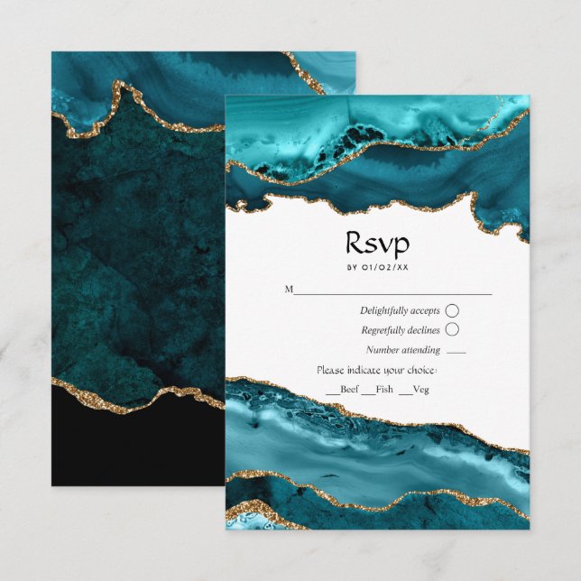 Aquamarine und Gold Agate Hochzeit RSVP Karte (Vorne/Hinten)