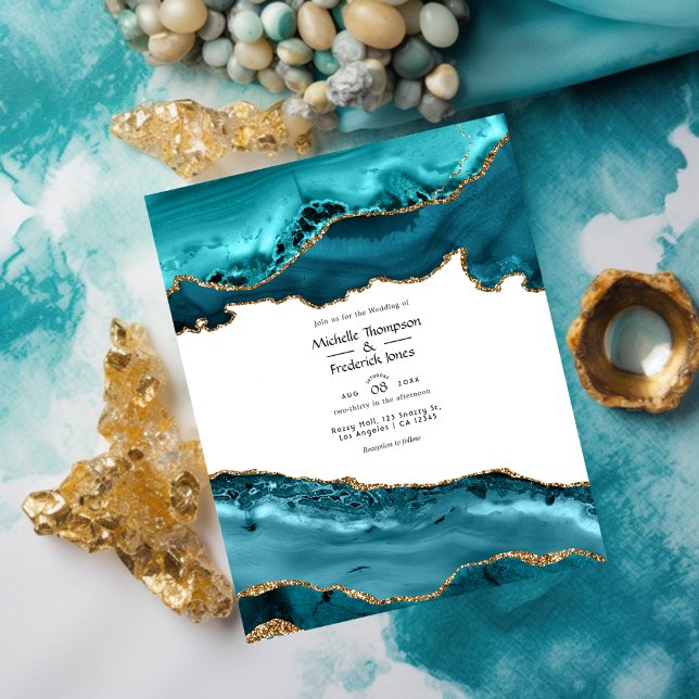 Aquamarine und Gold Agate Hochzeitseinladung Flyer (Von Creator hochgeladen)