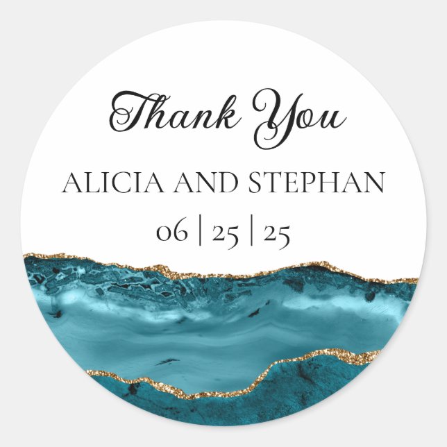 Aquamarine und Gold-Agate-Hochzeitsticker Runder Aufkleber (Vorderseite)