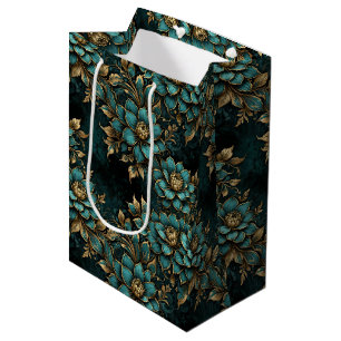 Aquamarine und Gold Dunkle Grunge-Blume Mittlere Geschenktüte