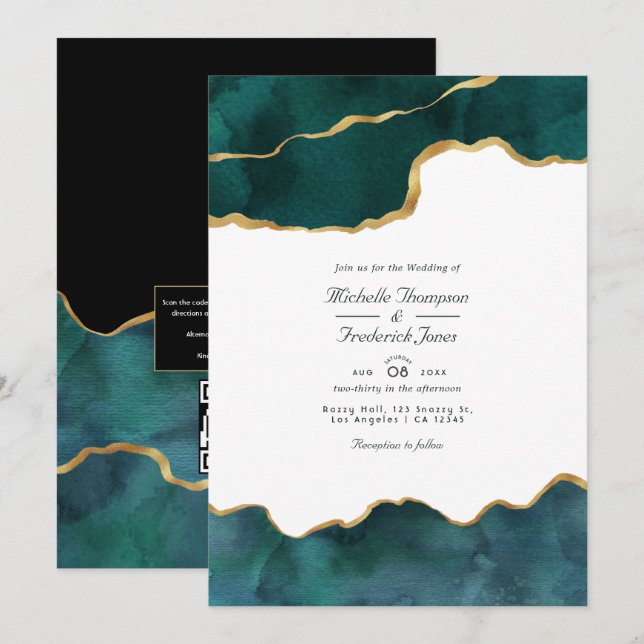 Aquamarine und Gold Geode Agate QR Code UAWG Weddi Einladung (Vorne/Hinten)