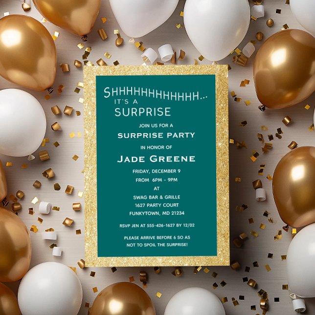 Aquamarine und Gold Glitzer Überraschung Party Geb Einladung (Von Creator hochgeladen)