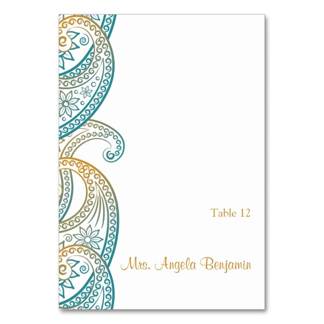 Aquamarine und Gold Indian Paisley Wedding Platzka Tischnummer (Vorderseite)