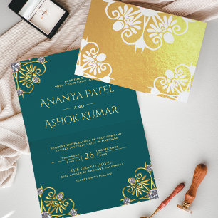 Aquamarine und Gold Mandala Indische Hochzeitseinl Folienkarte