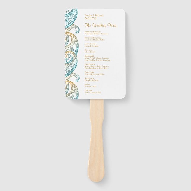 Aquamarine und Gold-Paisley-Hochzeitsprogramme Fächer (Vorderseite)