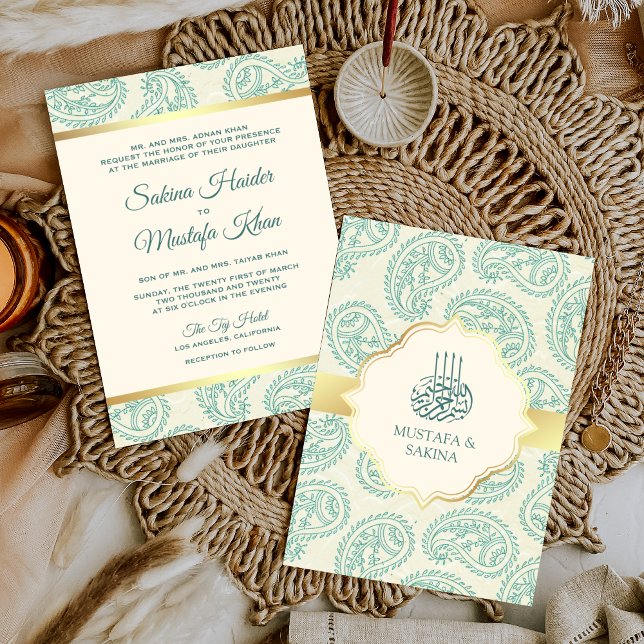 Aquamarine und Gold Paisley Islamische Hochzeit Einladung (Von Creator hochgeladen)