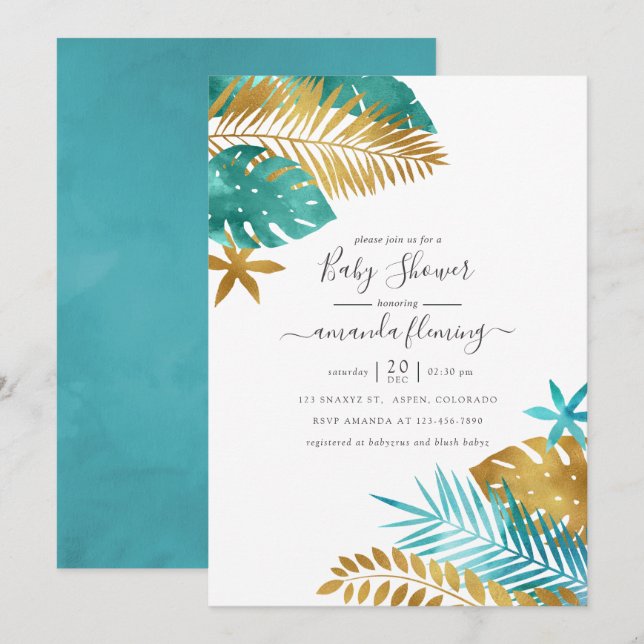 Aquamarine und Gold Tropical Baby Dusche Einladung (Vorne/Hinten)