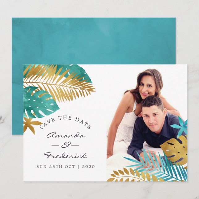 Aquamarine und Gold Tropical Wedding retten das Da Einladung (Vorne/Hinten)