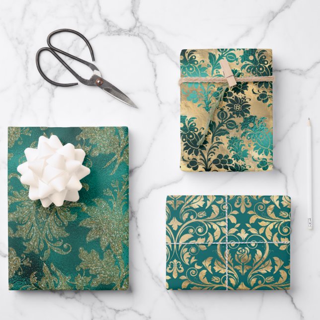 Aquamarine und Gold Vintage Damaskus Geschenkpapier Set (Vorderseite)