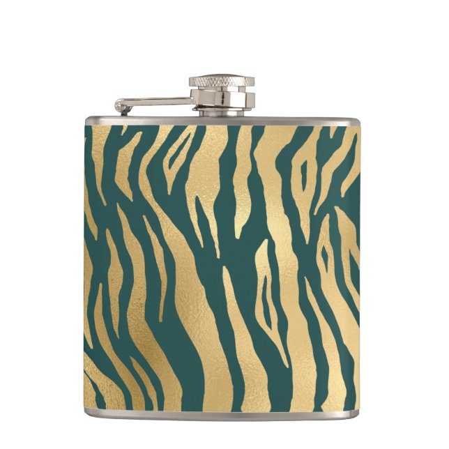Aquamarine und Gold Wild Animal Print Flachmann (Vorderseite)