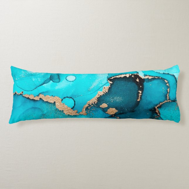 Aquamarine und goldene Abstrakte Bio Wirbel Kunst, Seitenschläferkissen (Vorderseite)