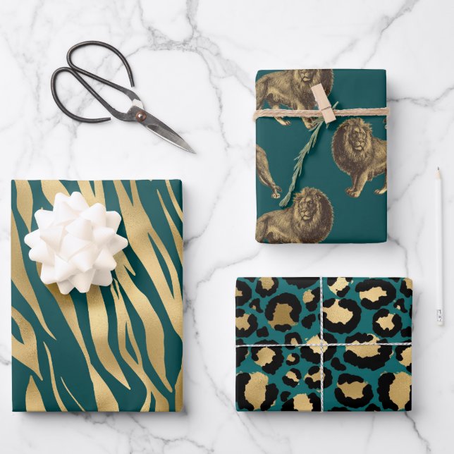 Aquamarine und goldene afrikanische Tierwerbung Geschenkpapier Set (Vorderseite)