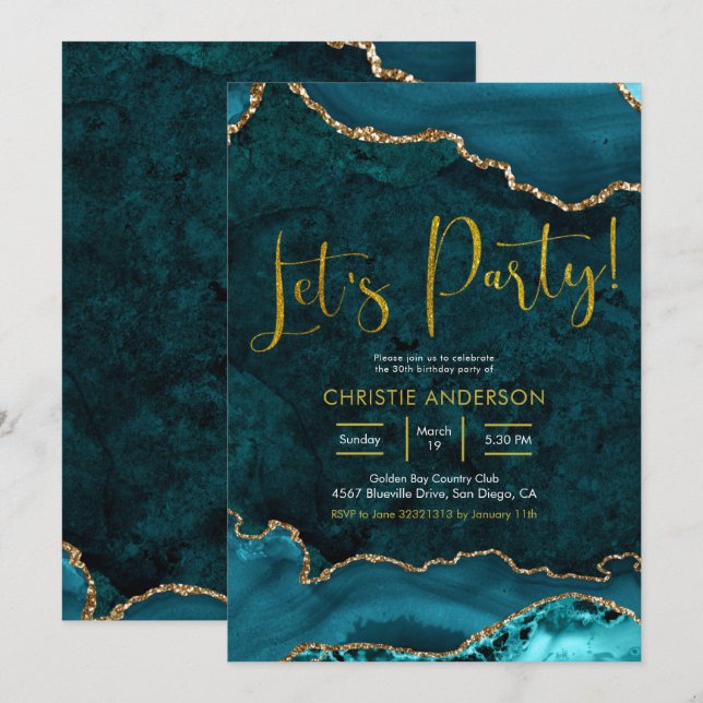 Aquamarine und goldene Agate Let's Party Einladung (Vorne/Hinten)